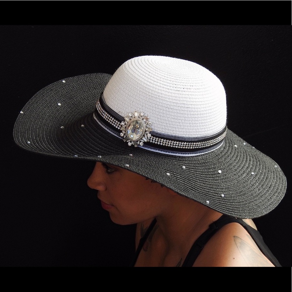 Black & white one of a kind wide brimmed derby hat